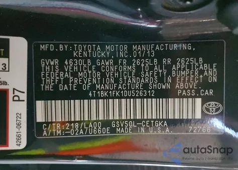 2013 Toyota Camry Se z USA, uszkodzony, nr VIN 4T1BK1FK1DU526312